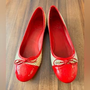 Tory Burch Red and Raffia Bow Flats